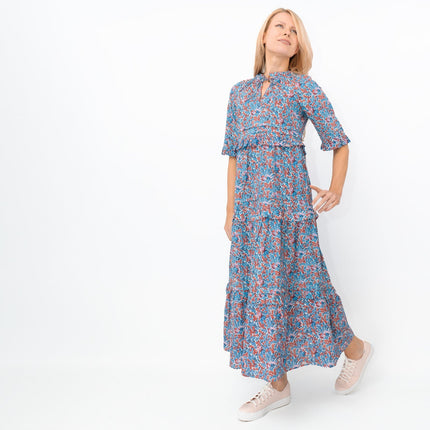 Joules Blue Floral Lia Midi Tiered Dress Short Sleeve Lightweight - Quality Brands Outlet