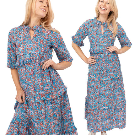 Joules Blue Floral Lia Midi Tiered Dress Short Sleeve Lightweight - Quality Brands Outlet