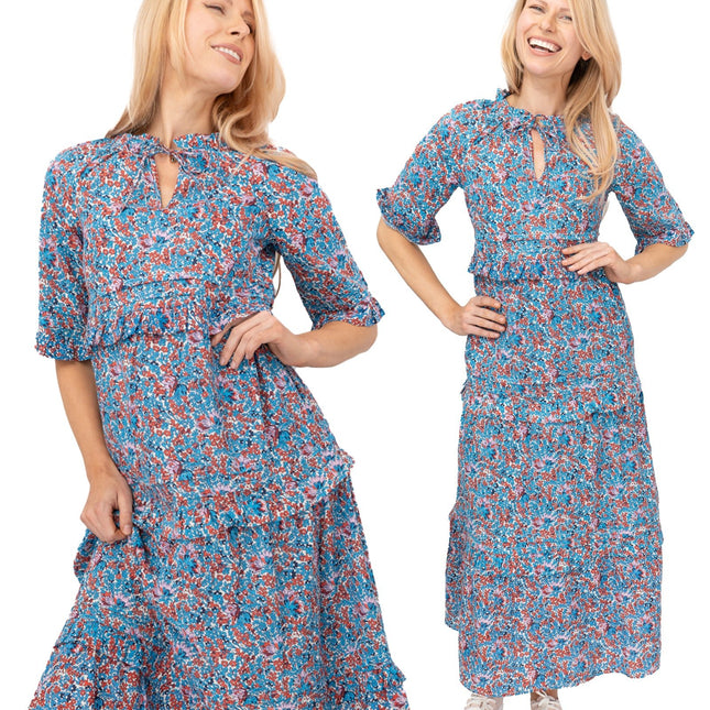 Joules Blue Floral Lia Midi Tiered Dress Short Sleeve Lightweight - Quality Brands Outlet