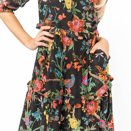 Joules Black Floral Brooke Midi Tiered Dress with Pockets Short Sleeve Tie-On Neck Details - Quality Brands Outlet