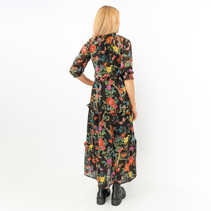 Joules Black Floral Brooke Midi Tiered Dress with Pockets Short Sleeve Tie-On Neck Details - Quality Brands Outlet