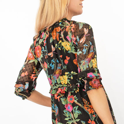 Joules Black Floral Brooke Midi Tiered Dress with Pockets Short Sleeve Tie-On Neck Details - Quality Brands Outlet