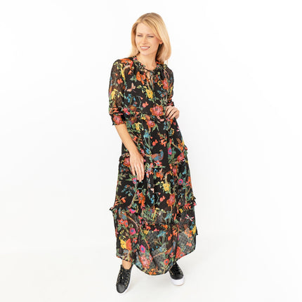 Joules Black Floral Brooke Midi Tiered Dress with Pockets Short Sleeve Tie-On Neck Details - Quality Brands Outlet
