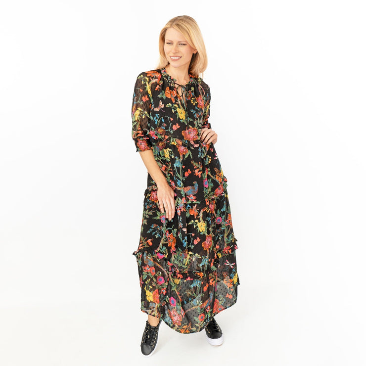 Joules Black Floral Brooke Midi Tiered Dress with Pockets Short Sleeve Tie-On Neck Details - Quality Brands Outlet