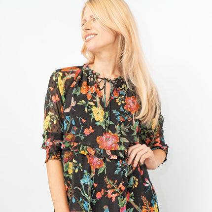 Joules Black Floral Brooke Midi Tiered Dress with Pockets Short Sleeve Tie-On Neck Details - Quality Brands Outlet