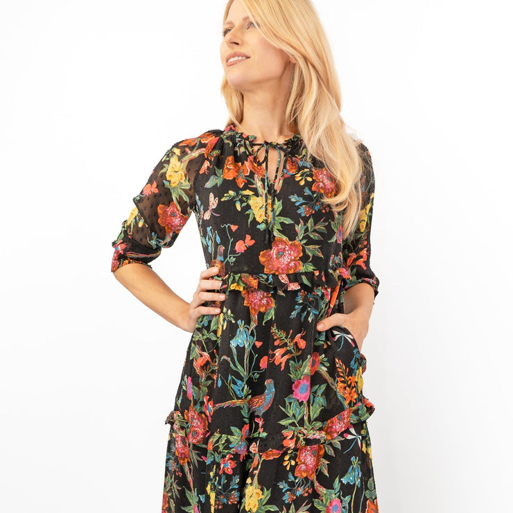 Joules Black Floral Brooke Midi Tiered Dress with Pockets Short Sleeve Tie-On Neck Details - Quality Brands Outlet