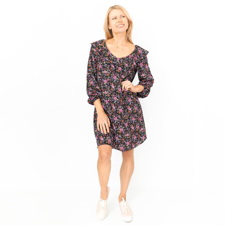 Karen Millen Black Floral Long Sleeve V-Neck with Frills Relaxed Fit Trapeze Dresses - Quality Brands Outlet