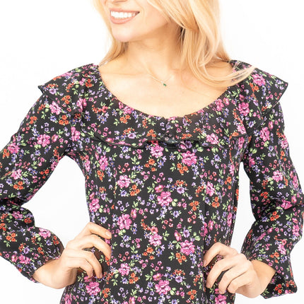 Karen Millen Black Floral Long Sleeve V-Neck with Frills Relaxed Fit Trapeze Dresses-Quality Brands Outlet-