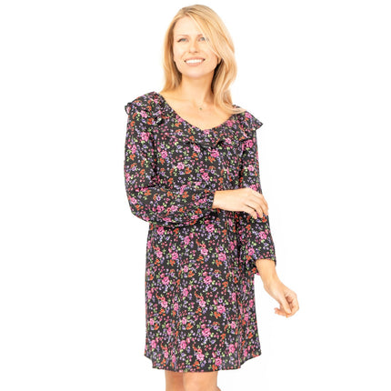 Karen Millen Black Floral Long Sleeve V-Neck with Frills Relaxed Fit Trapeze Dresses-Quality Brands Outlet-