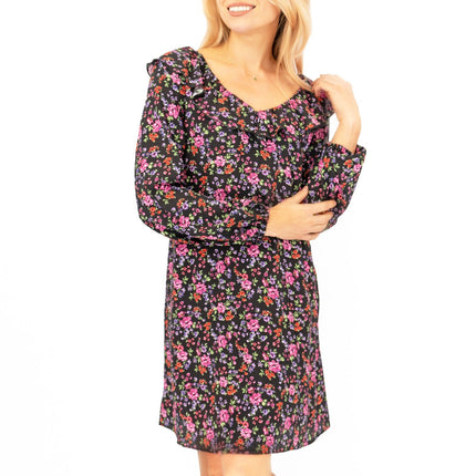 Karen Millen Black Floral Long Sleeve V-Neck with Frills Relaxed Fit Trapeze Dresses-Quality Brands Outlet-