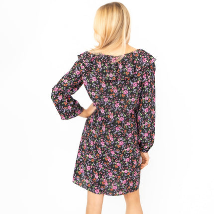 Karen Millen Black Floral Long Sleeve V-Neck with Frills Relaxed Fit Trapeze Dresses-Quality Brands Outlet-