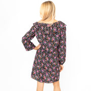 Karen Millen Black Floral Long Sleeve V-Neck with Frills Relaxed Fit Trapeze Dresses - Quality Brands Outlet