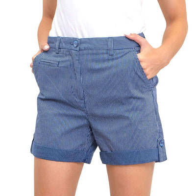 M&S Striped Cotton Mid Waist Roll Hem Blue Chino Casual Relaxed Shorts - Quality Brands Outlet