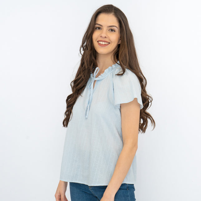 M&S Light Blue Lightweight Textured Blouse Short Sleeve Tie Neck Tops-Quality Brands Outlet-