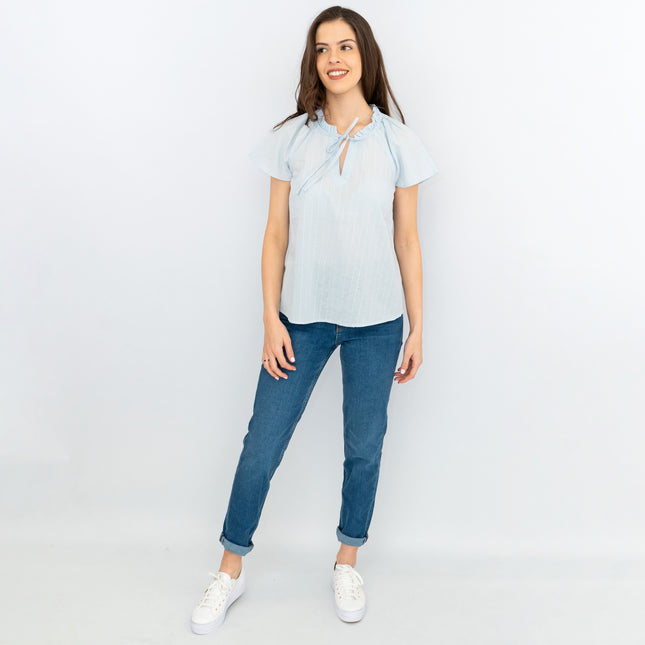 M&S Light Blue Lightweight Textured Blouse Short Sleeve Tie Neck Tops-Quality Brands Outlet-