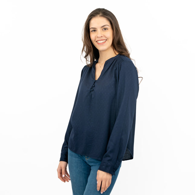 M&S Jacquard Navy Long Sleeve Lightweight Relaxed Fit Tops-Quality Brands Outlet-