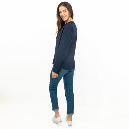 M&S Jacquard Navy Long Sleeve Lightweight Relaxed Fit Tops-Quality Brands Outlet-