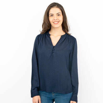 M&S Jacquard Navy Long Sleeve Lightweight Relaxed Fit Tops-Quality Brands Outlet-