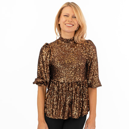 New Look Gold Copper Peplum 3/4 Sleeve Sparkly Sequin Tops-Quality Brands Outlet-