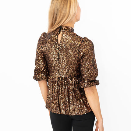New Look Gold Copper Peplum 3/4 Sleeve Sparkly Sequin Tops-Quality Brands Outlet-