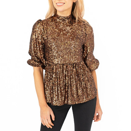 New Look Gold Copper Peplum 3/4 Sleeve Sparkly Sequin Tops for Women Party Christmas Outfits - Quality Brands Outlet
