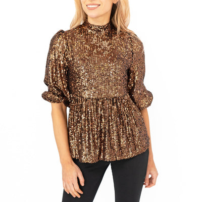 New Look Gold Copper Peplum 3/4 Sleeve Sparkly Sequin Tops for Women Party Christmas Outfits - Quality Brands Outlet