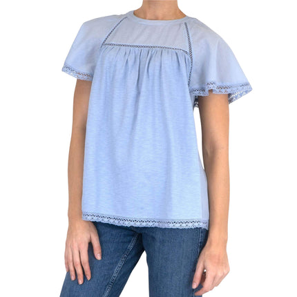 Per Una Broderie Anglaise Short Sleeve Blue Top - Quality Brands Outlet