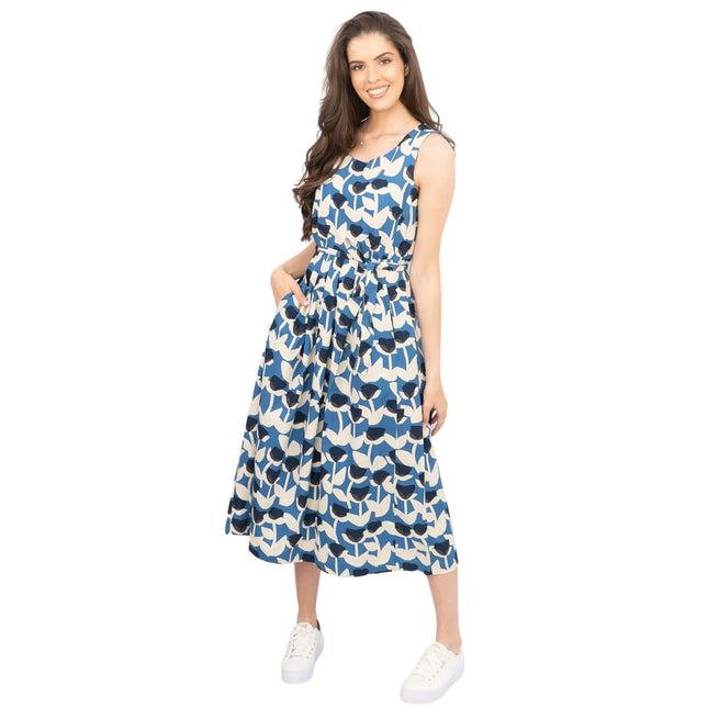 Seasalt Belle Blue Tulip Print Sleeveless Flare Midi Dresses-Quality Brands Outlet-