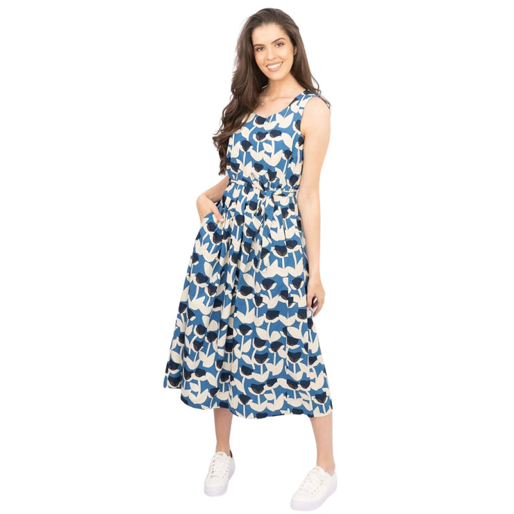 Seasalt Belle Blue Tulip Print Sleeveless Flare Midi Dresses