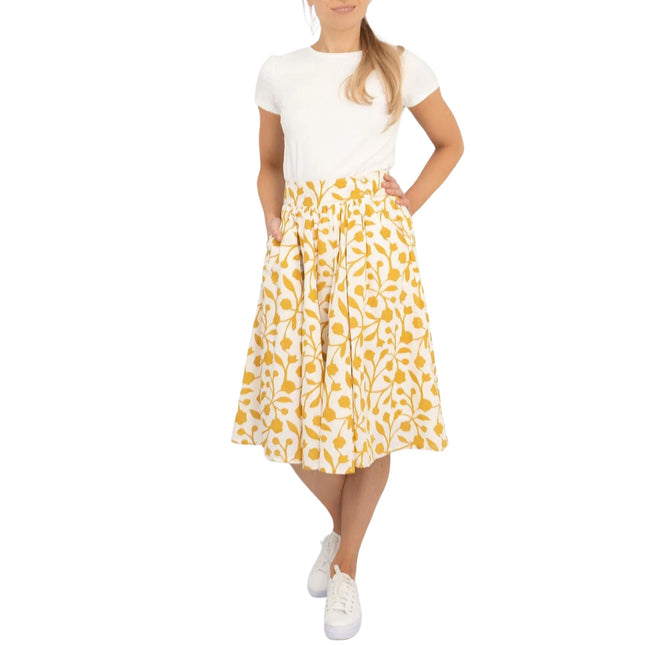 Seasalt Womens Yellow Forsythia Lightweight Cotton Summer Flare Midi Skirts with Pockets - Quality Brands Outlet