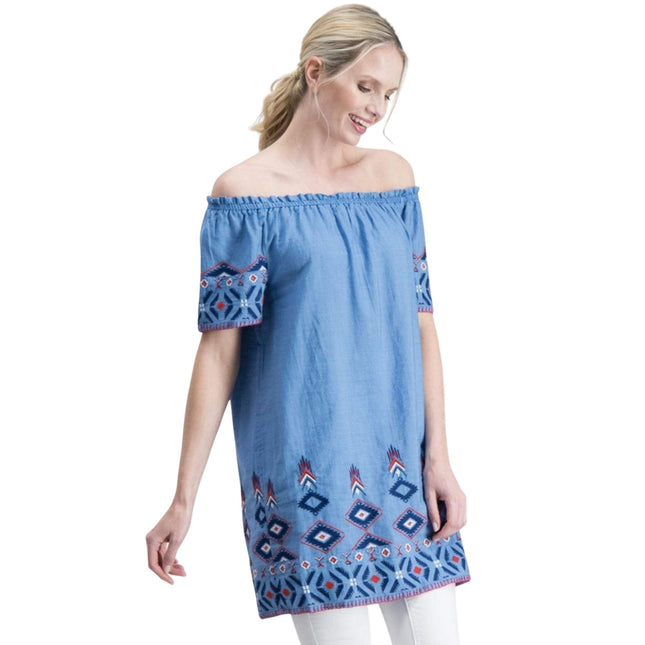 Blue Embroidered Off Shoulder Longline Tunic Top for Women-Quality Brands Outlet-