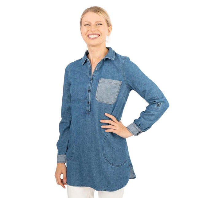 Blue Denim Long Sleeve Casual Tunic Longline Women's Shirts-Quality Brands Outlet-
