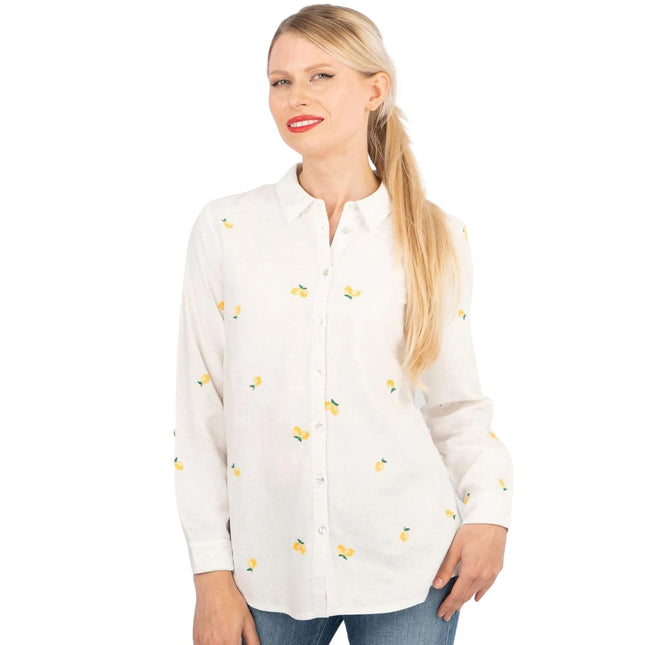 White Lemon Embroidery Linen Rich Long Sleeve Women's Shirts-Quality Brands Outlet-