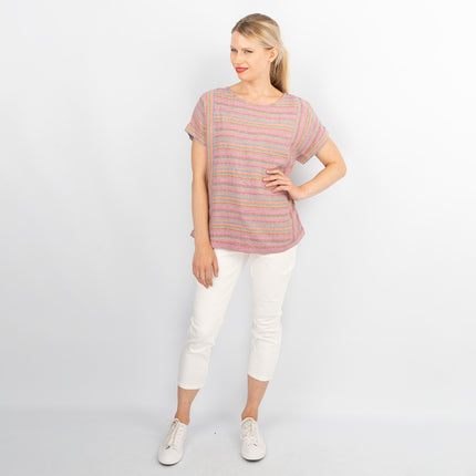 Pink Striped Short Sleeve Lightweight Linen Blend Relaxed Blouse Women's Summer Tops-Quality Brands Outlet-