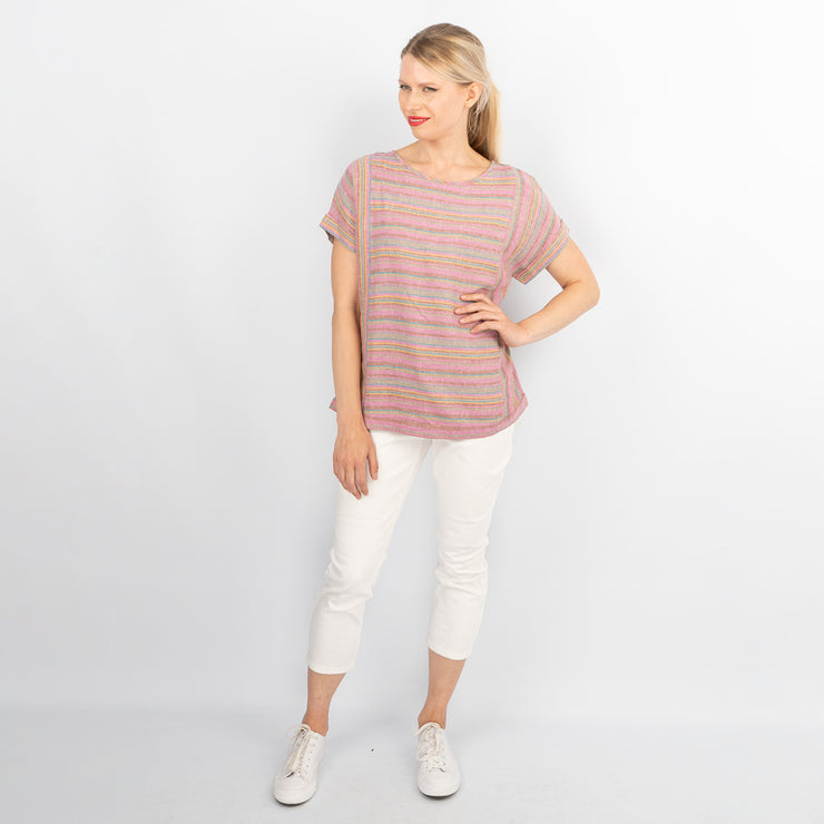 Pink Striped Short Sleeve Lightweight Linen Blend Relaxed Blouse Women&