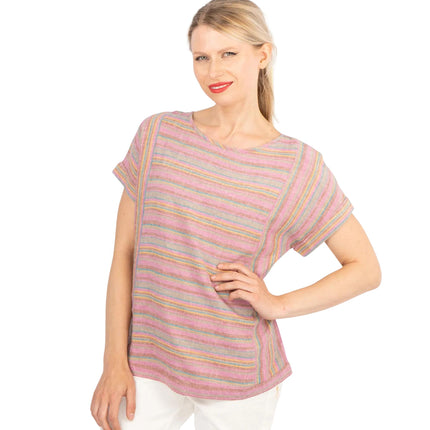 Pink Striped Short Sleeve Lightweight Linen Blend Relaxed Blouse Women's Summer Tops-Quality Brands Outlet-