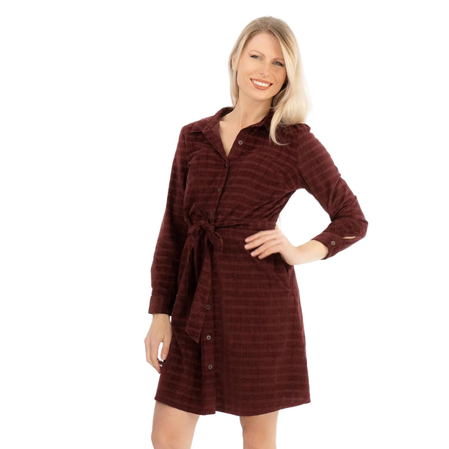 Fine Corduroy Red Wine Cord Long Sleeve Women's Shirt Dress-Quality Brands Outlet-