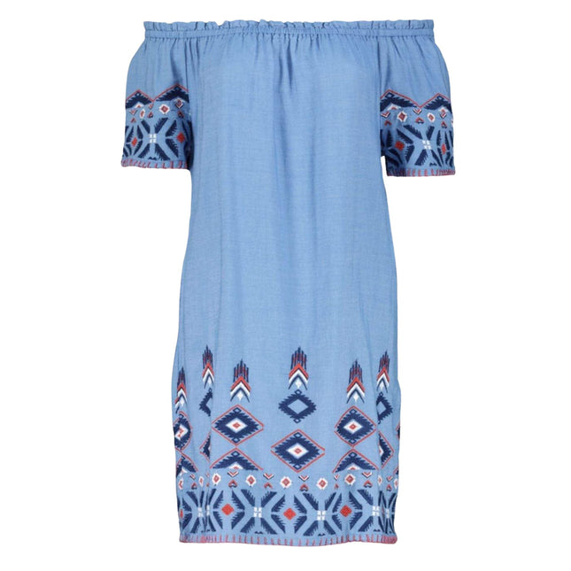 Blue Embroidered Off Shoulder Longline Tunic Top for Women-Quality Brands Outlet-