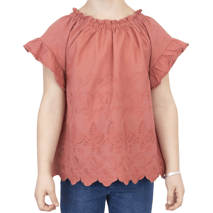 Next Girls Red Embroidered Short Sleeve Smocked Neck Top
