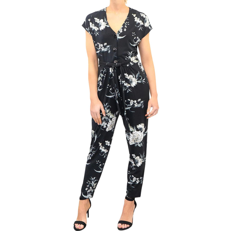 Wallis Womens Black Floral Short Sleeve V-Neck Button Going Out Jumpsuits - Quality Brands Outlet
