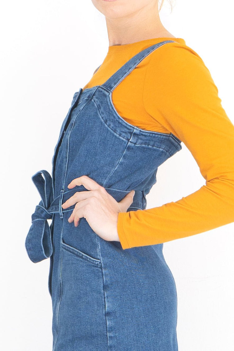white stuff denim pinafore dress Lothbury Organic Denim Pinafore in MID DENIM