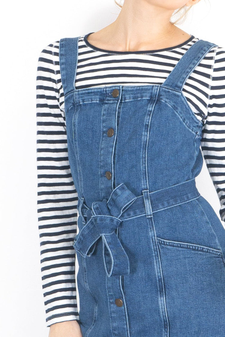 white stuff denim pinafore dress Lothbury Organic Denim Pinafore in MID DENIM