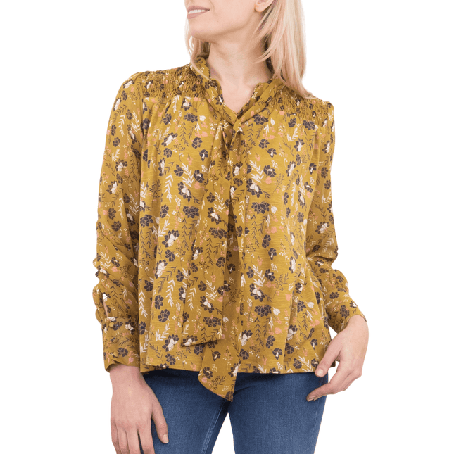 White Stuff Tamina Yellow Floral Print Long Sleeve Tine-Neck Tops-Quality Brands Outlet-