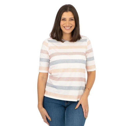 White Stuff Short Sleeve Boat Neck Embroidered Stripes White Soft Cotton Jersey Tops-Quality Brands Outlet-