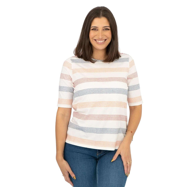 White Stuff Short Sleeve Boat Neck Embroidered Stripes White Soft Cotton Jersey Tops-Quality Brands Outlet-