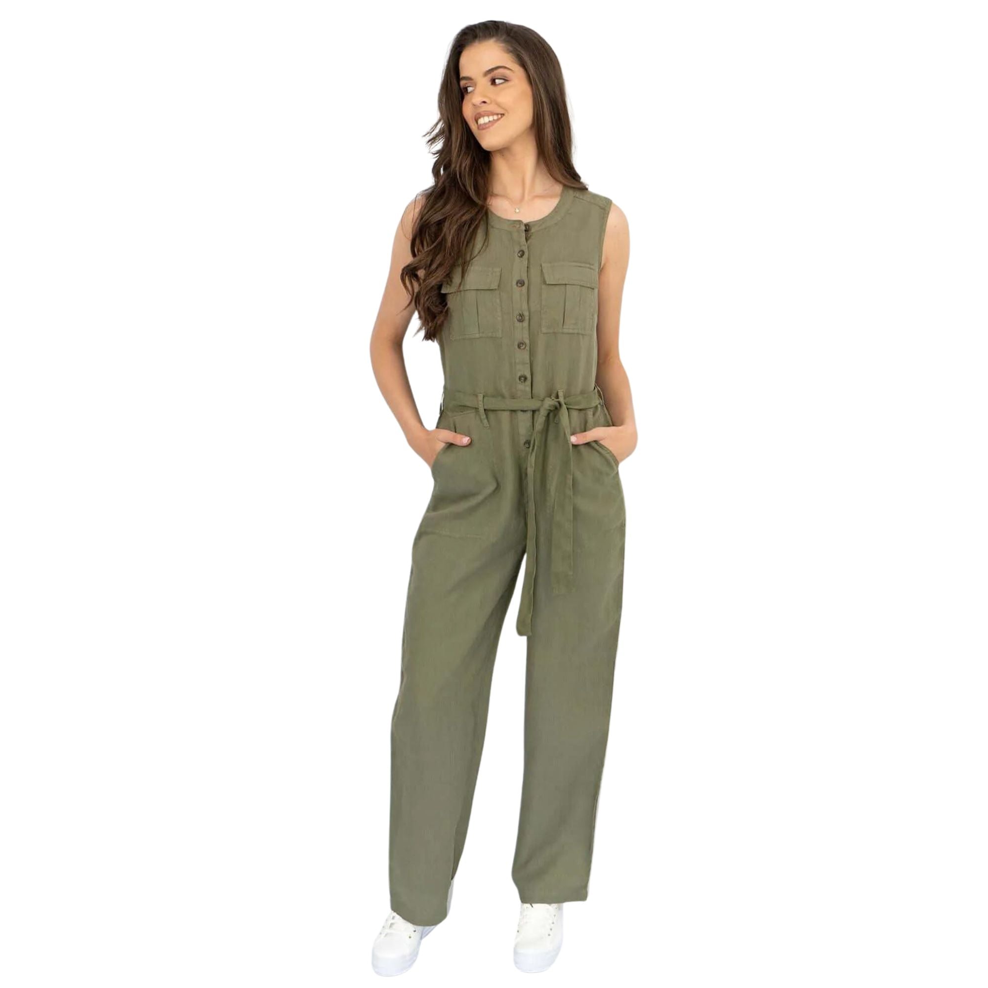 White Stuff Sleeveless Khaki Linen Wide Leg Summer Jumpsuit