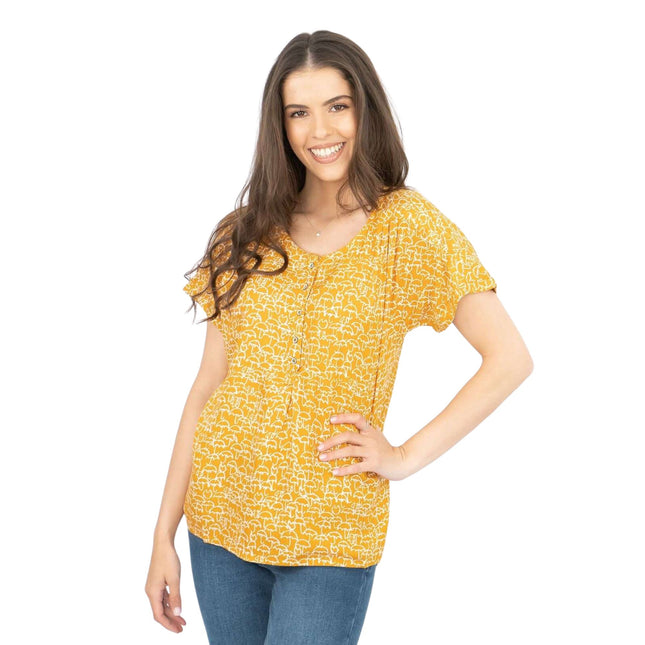 White Stuff Short Sleeve Yellow Umbrella Print Relaxed Casual Tops-Quality Brands Outlet-