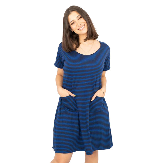 White Stuff Rich Blue Stripes Short Sleeve Cotton Blend Jersey Casual Relaxed Short Dress-Quality Brands Outlet-