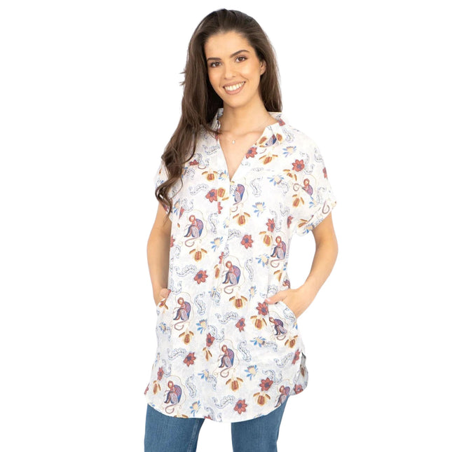 White Stuff Ivory Floral Print Billie Relaxed Linen Tunics Casual Longline Tops-Quality Brands Outlet-