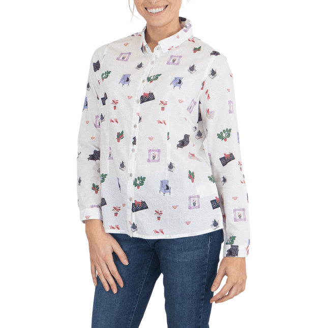 White Stuff Riley Printed White Long Sleeve Cotton Shirt-Quality Brands Outlet-